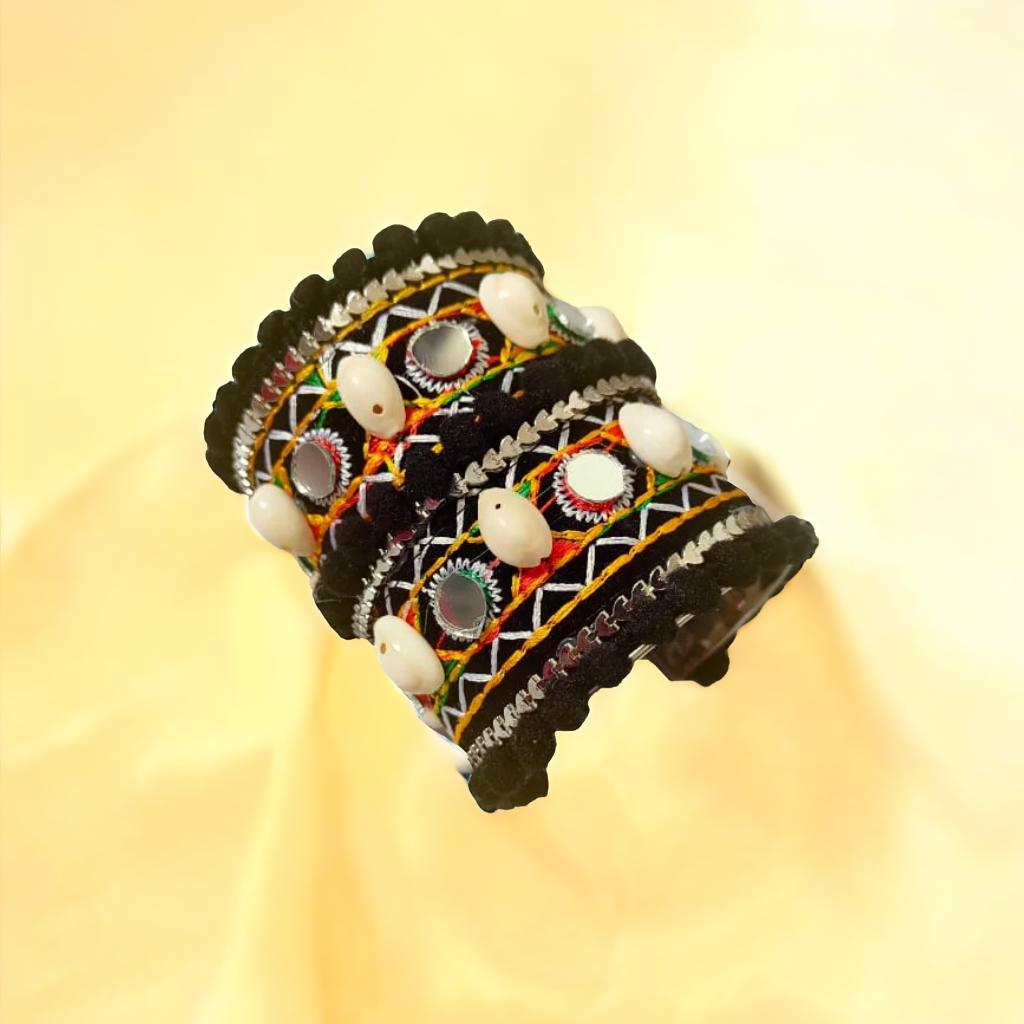 Shell Kada - PC 1-Black-Multicolored Woolen Embroidered Mirror Work Shell Kada