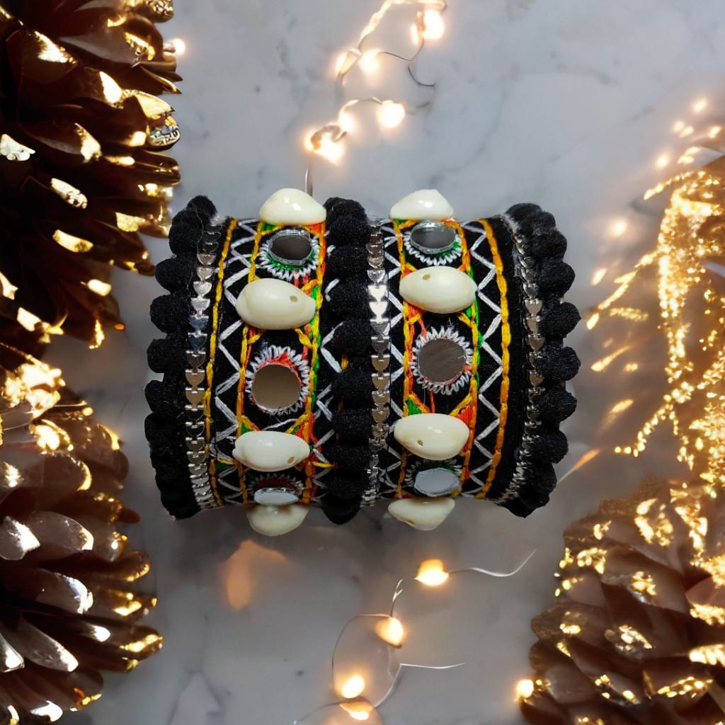 Shell Kada - PC 1-Black-Multicolored Woolen Embroidered Mirror Work Shell Kada