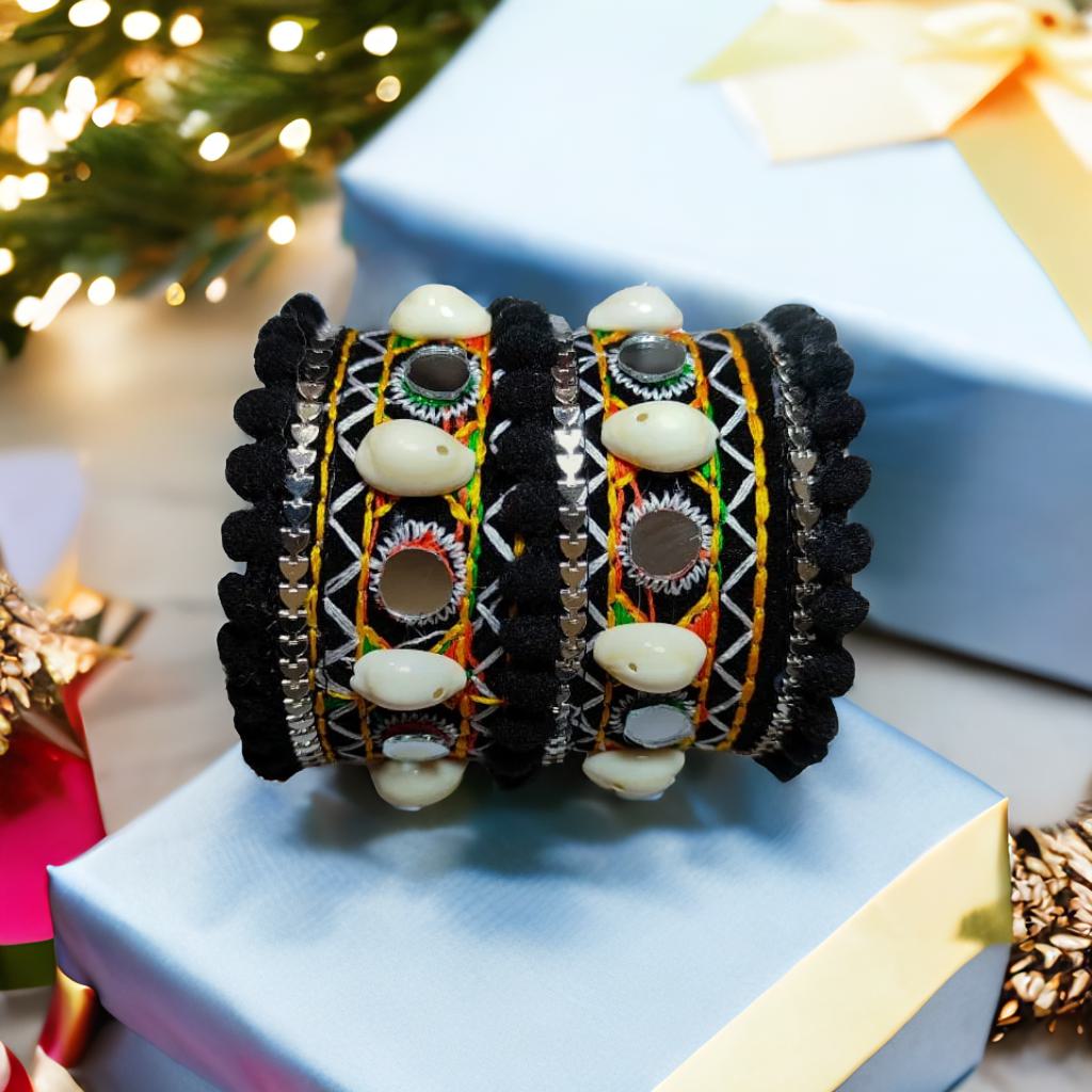 Shell Kada - PC 1-Black-Multicolored Woolen Embroidered Mirror Work Shell Kada